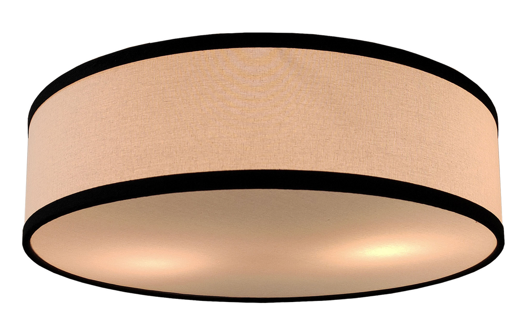 Haven Flush Mount with linen drum shade, black trim, and bottom diffuser