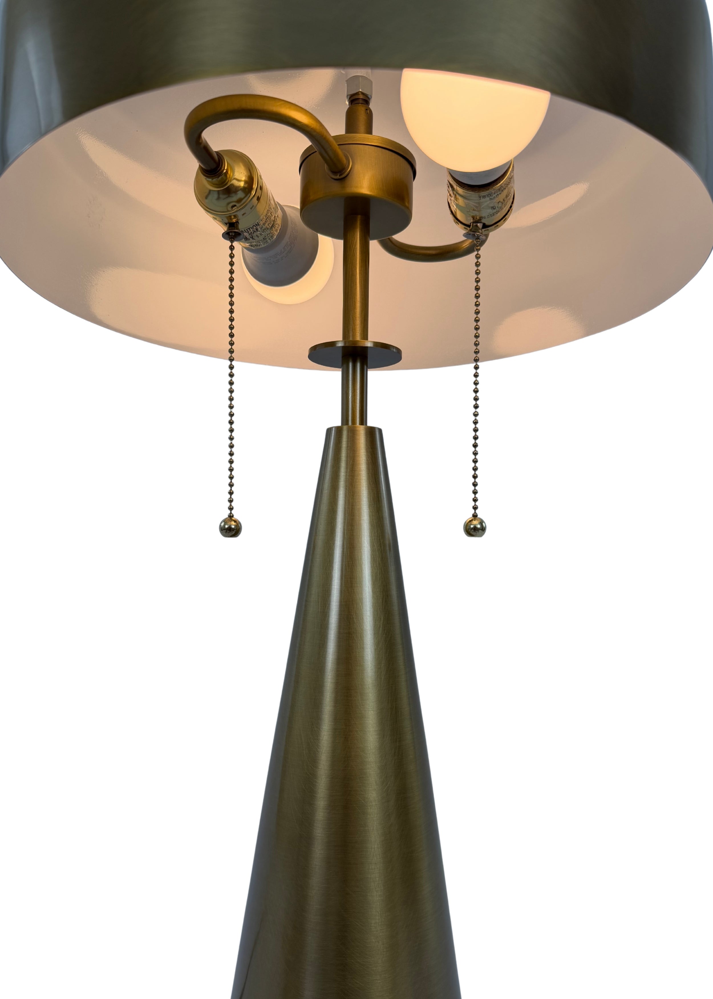Bottom view of Alden Table Lamp in aged brass with pull chains and tapered cone base