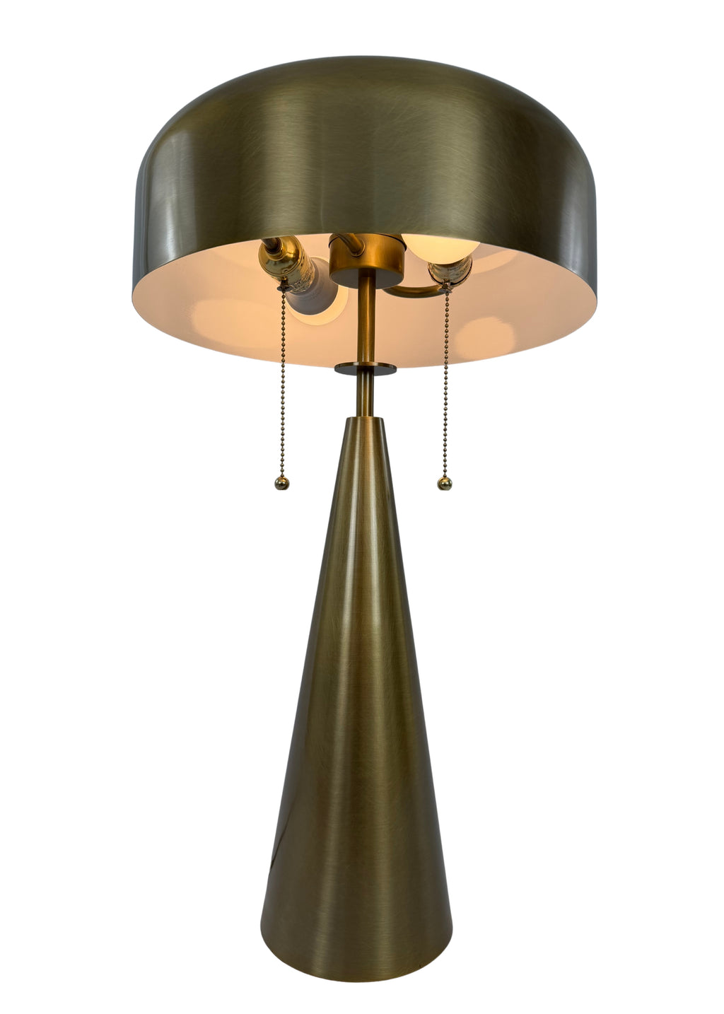 Bottom view of Alden Table Lamp in aged brass with pull chains, round shade and tapered cone base