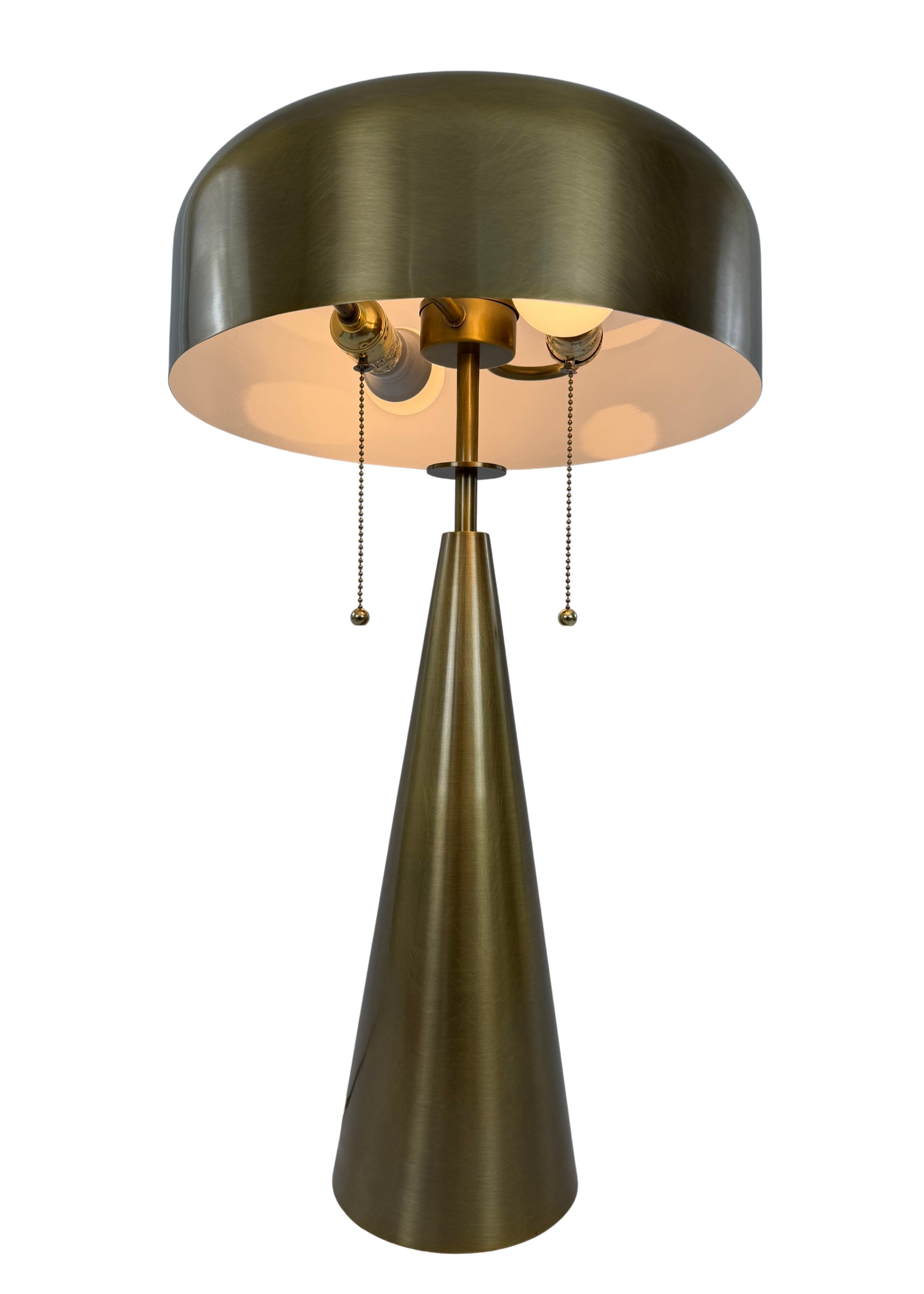 Bottom view of Alden Table Lamp in aged brass with pull chains, round shade and tapered cone base