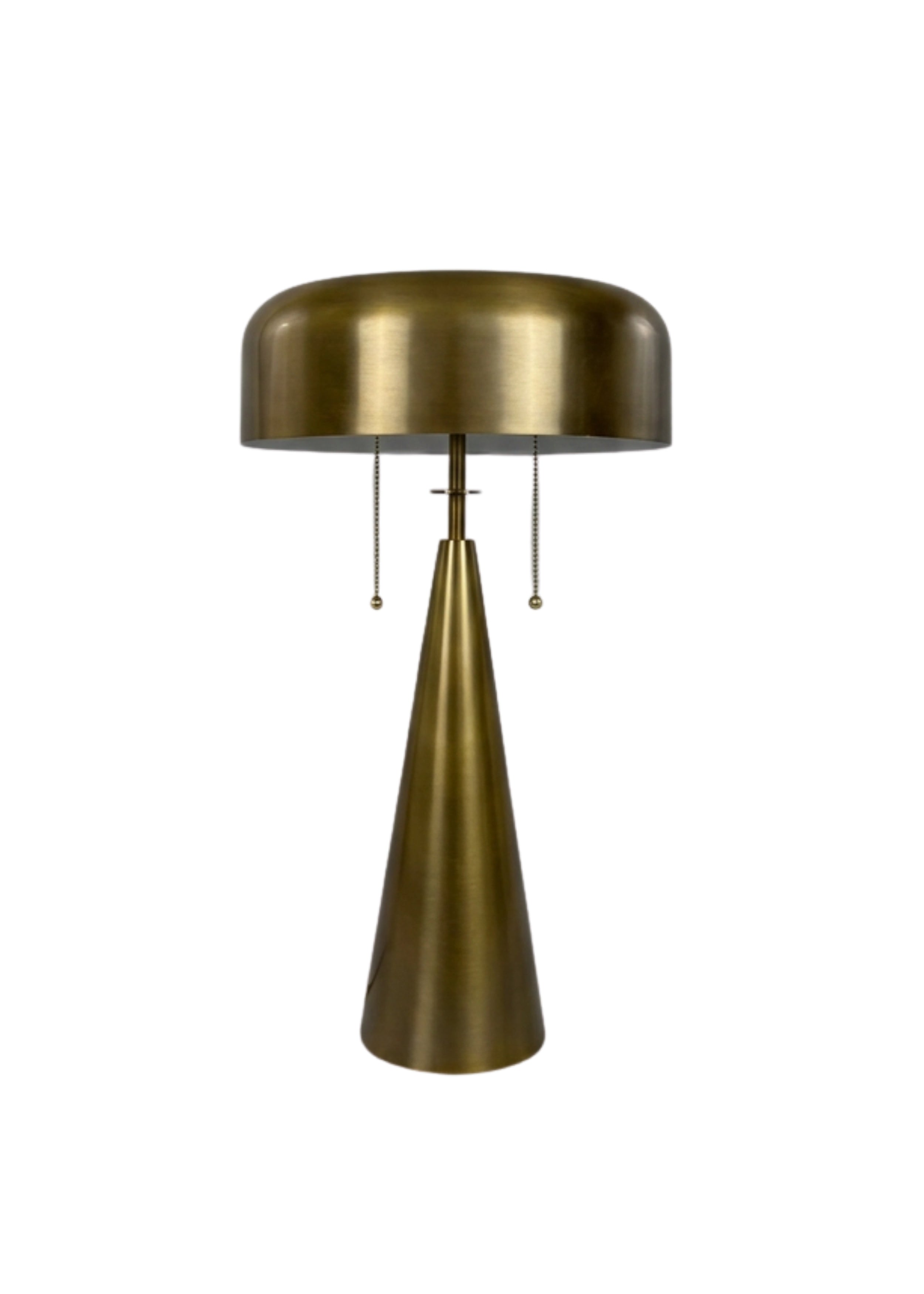 Alden Table Lamp in aged brass with pull chains, round shade and tapered cone base