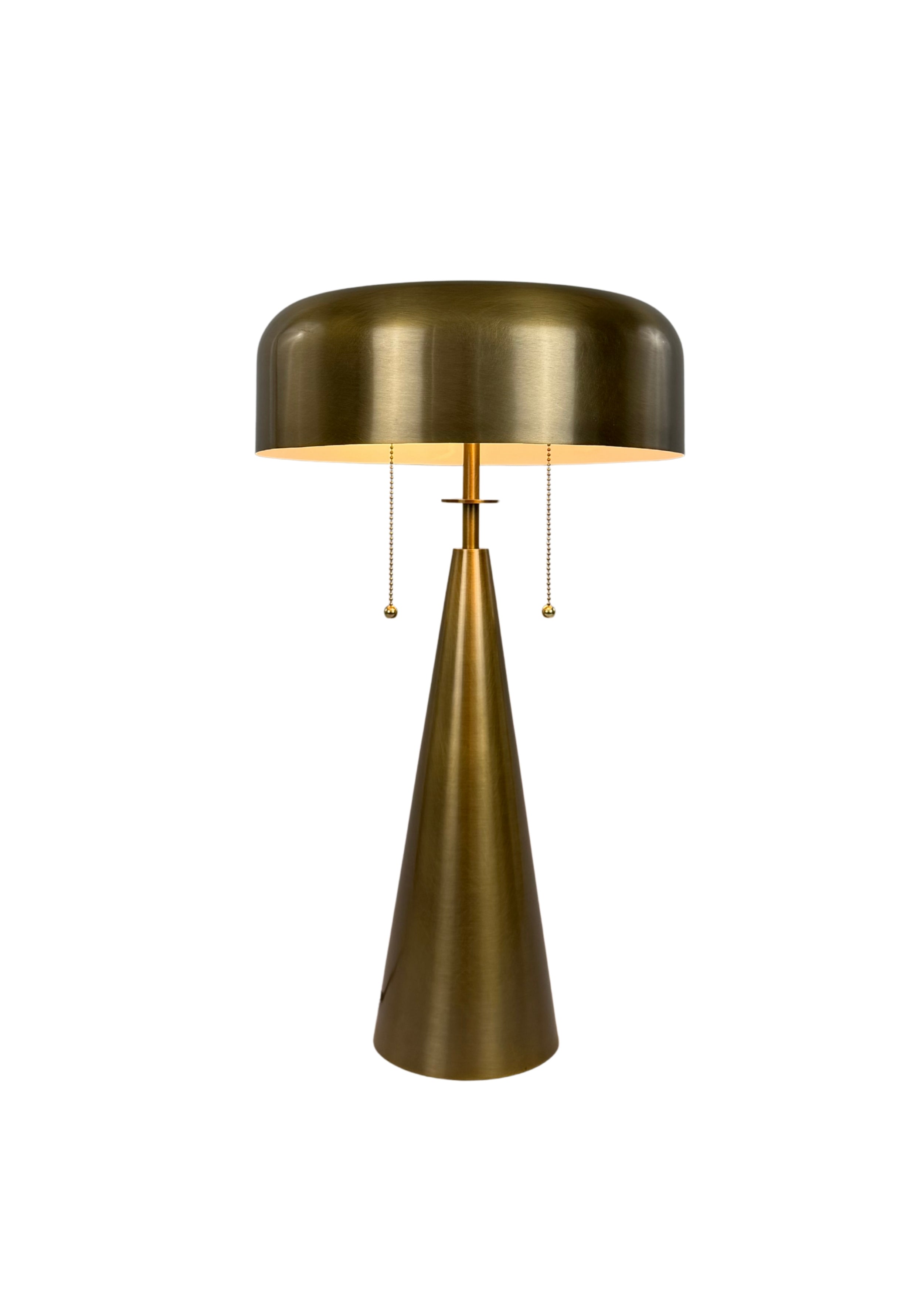 Alden Table Lamp in aged brass with pull chains, round shade and tapered cone base