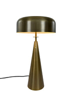 Side view of Alden Table Lamp in aged brass with pull chains, round shade and tapered cone base