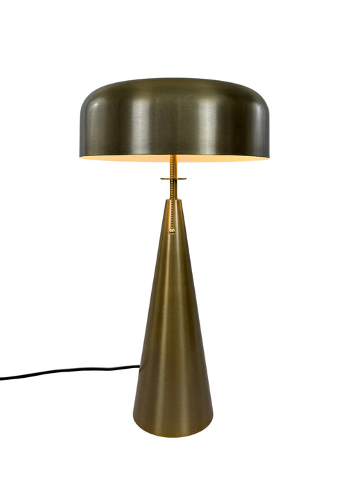 Side view of Alden Table Lamp in aged brass with pull chains, round shade and tapered cone base