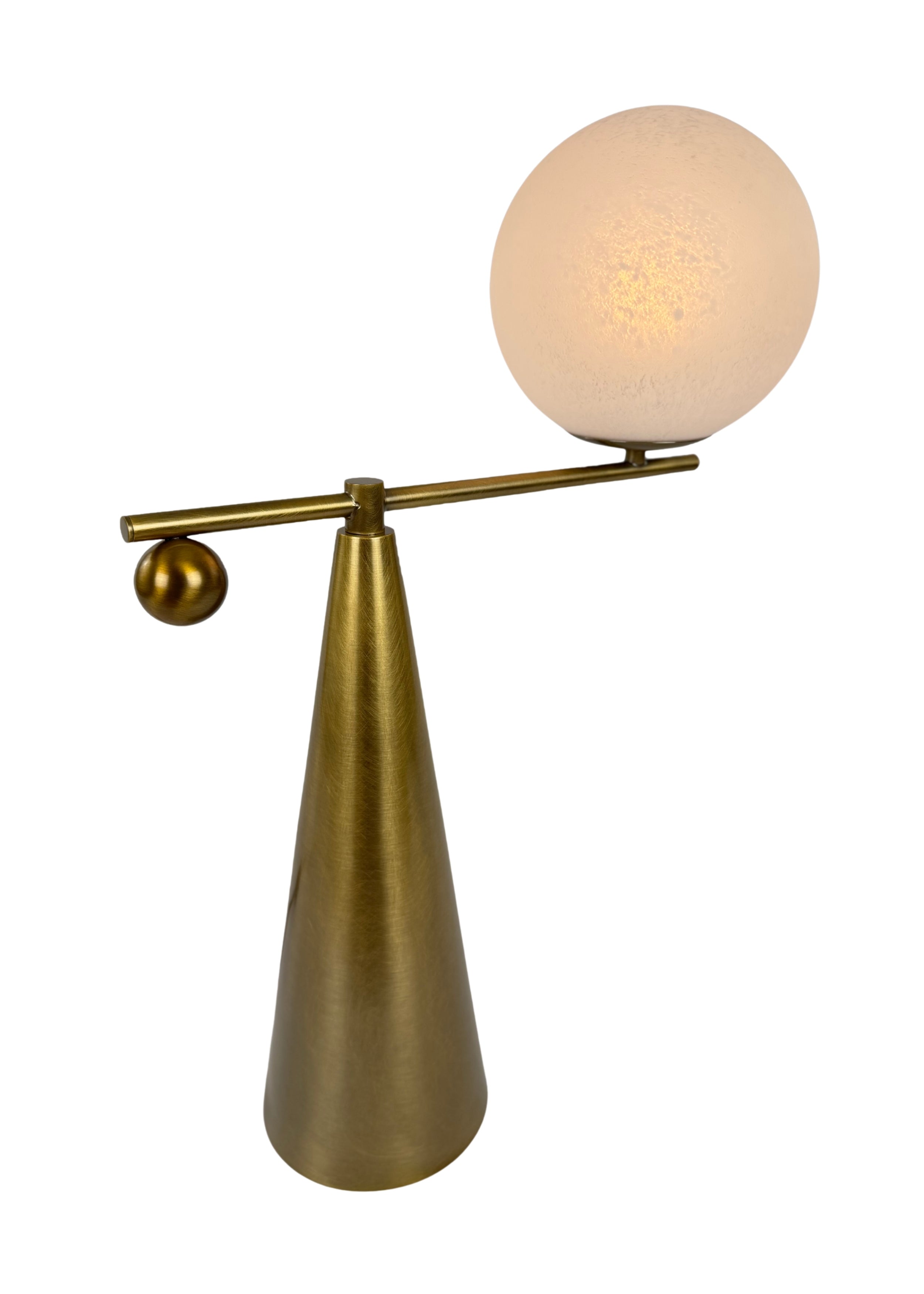 Side view of Cantilever Table Lamp with conical base and counterbalance sphere