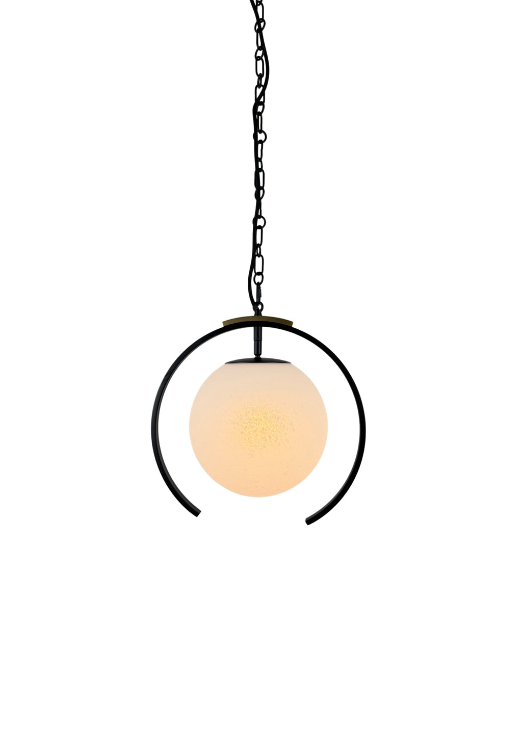 Halo Pendant with matte black steel frame, aged brass accent, and clouded glass shade