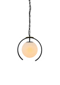 Halo Pendant with matte black steel frame, aged brass accent, and clouded glass shade