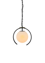 Halo Pendant with matte black steel frame, aged brass accent, and clouded glass shade