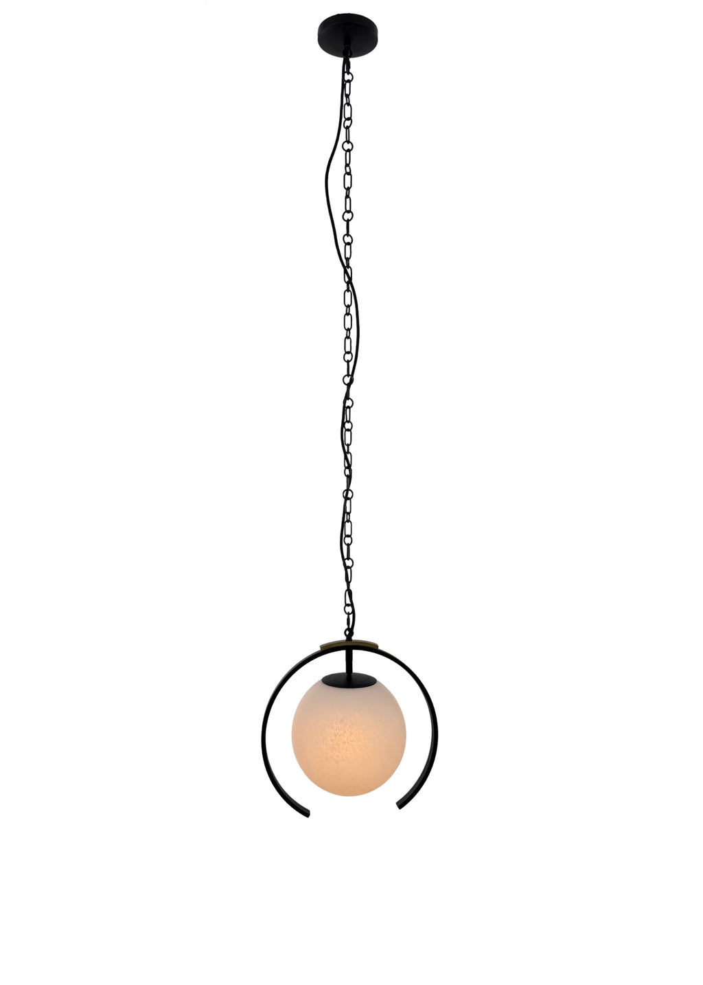 Full view of Halo Pendant with chain suspension and round black frame