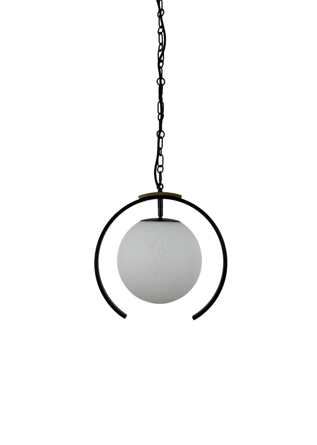 Halo Pendant with matte black steel frame, aged brass accent, and clouded glass shade