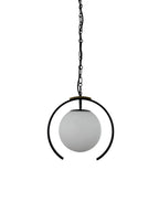 Halo Pendant with matte black steel frame, aged brass accent, and clouded glass shade