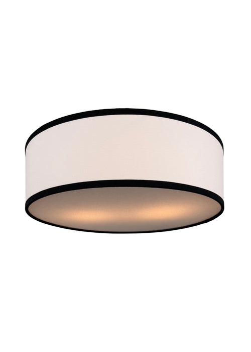 Haven Flush Mount with linen drum shade, black trim, and bottom diffuser