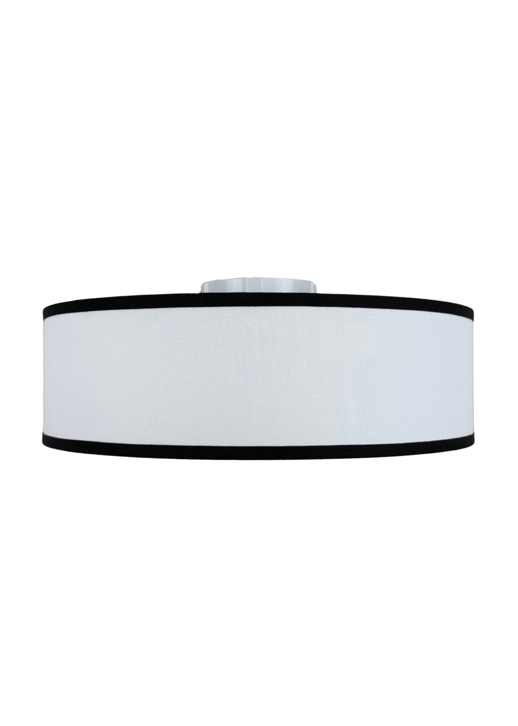 Side view of Haven Flush Mount linen drum shade with black edge