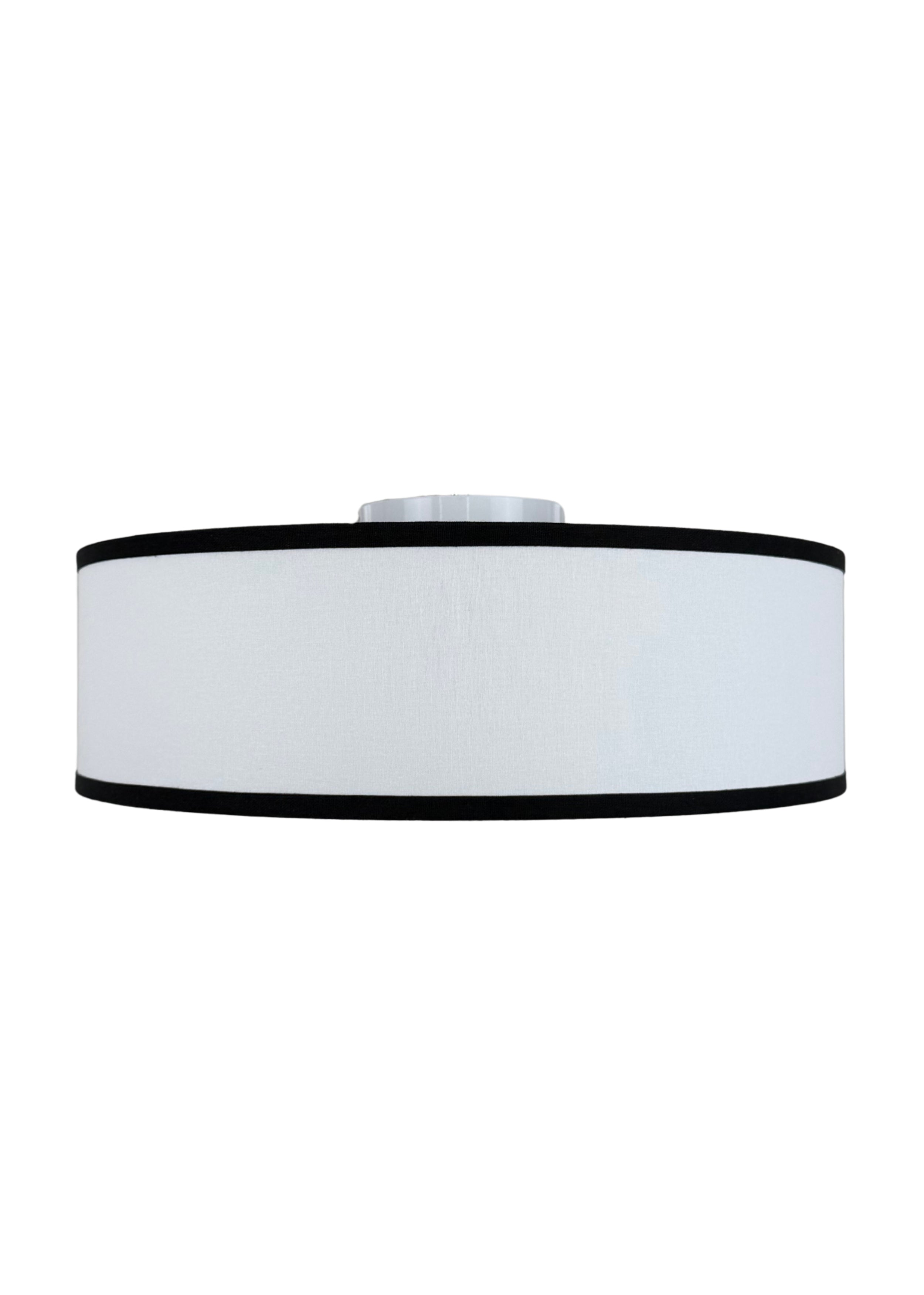 Side view of Haven Flush Mount linen drum shade with black edge