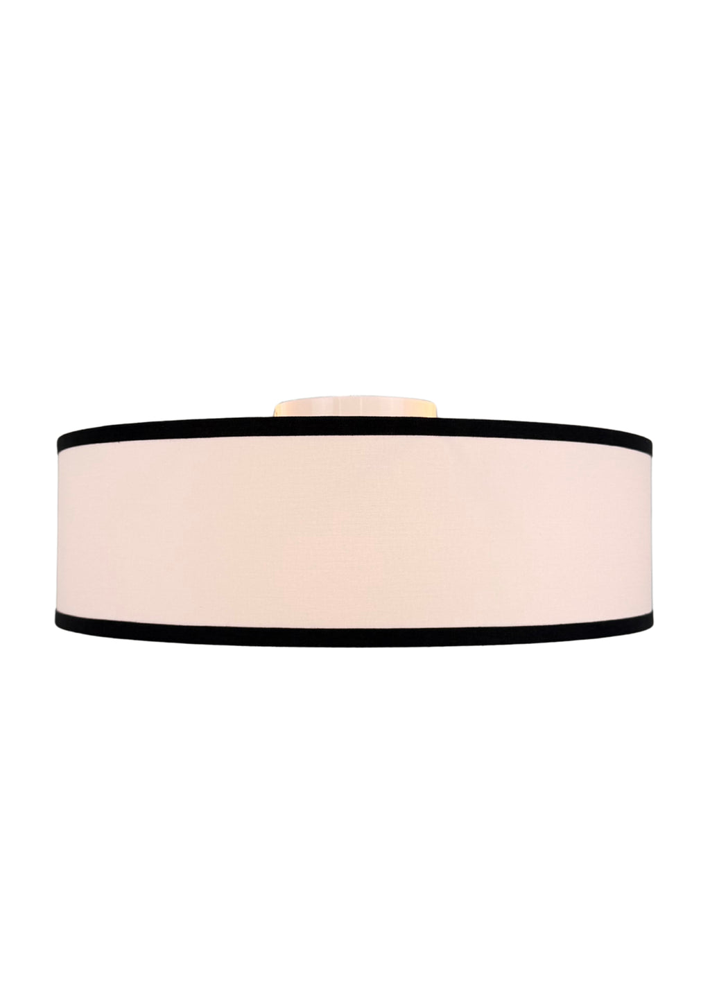 Side view of Haven Flush Mount linen drum shade with black edge