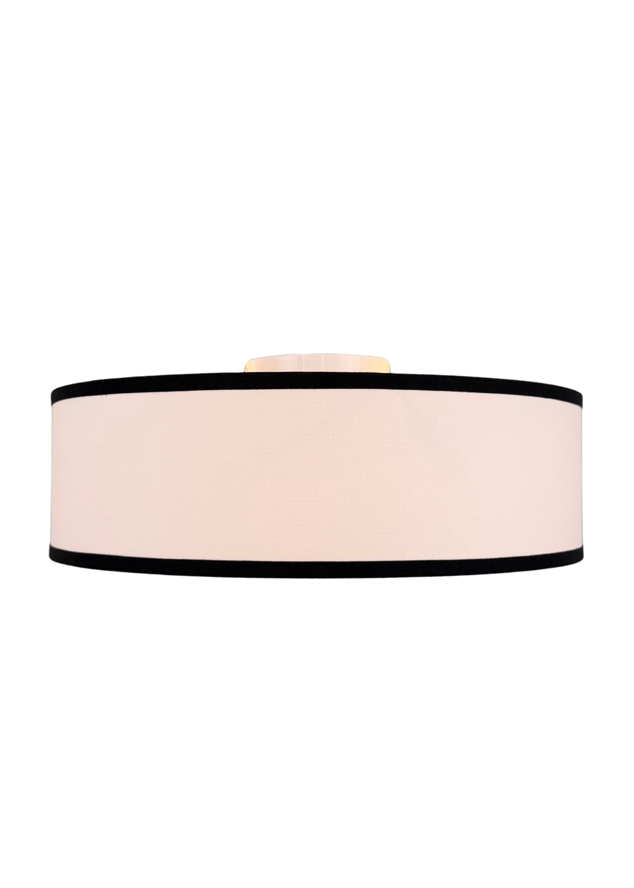 Side view of Haven Flush Mount linen drum shade with black edge