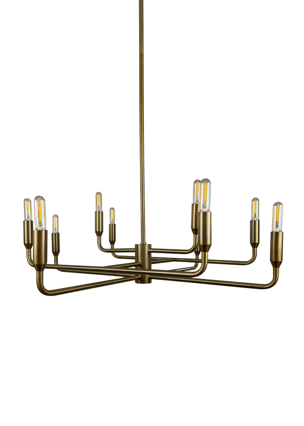 Close-up of Mercer Chandelier aged brass finish and curved steel arms