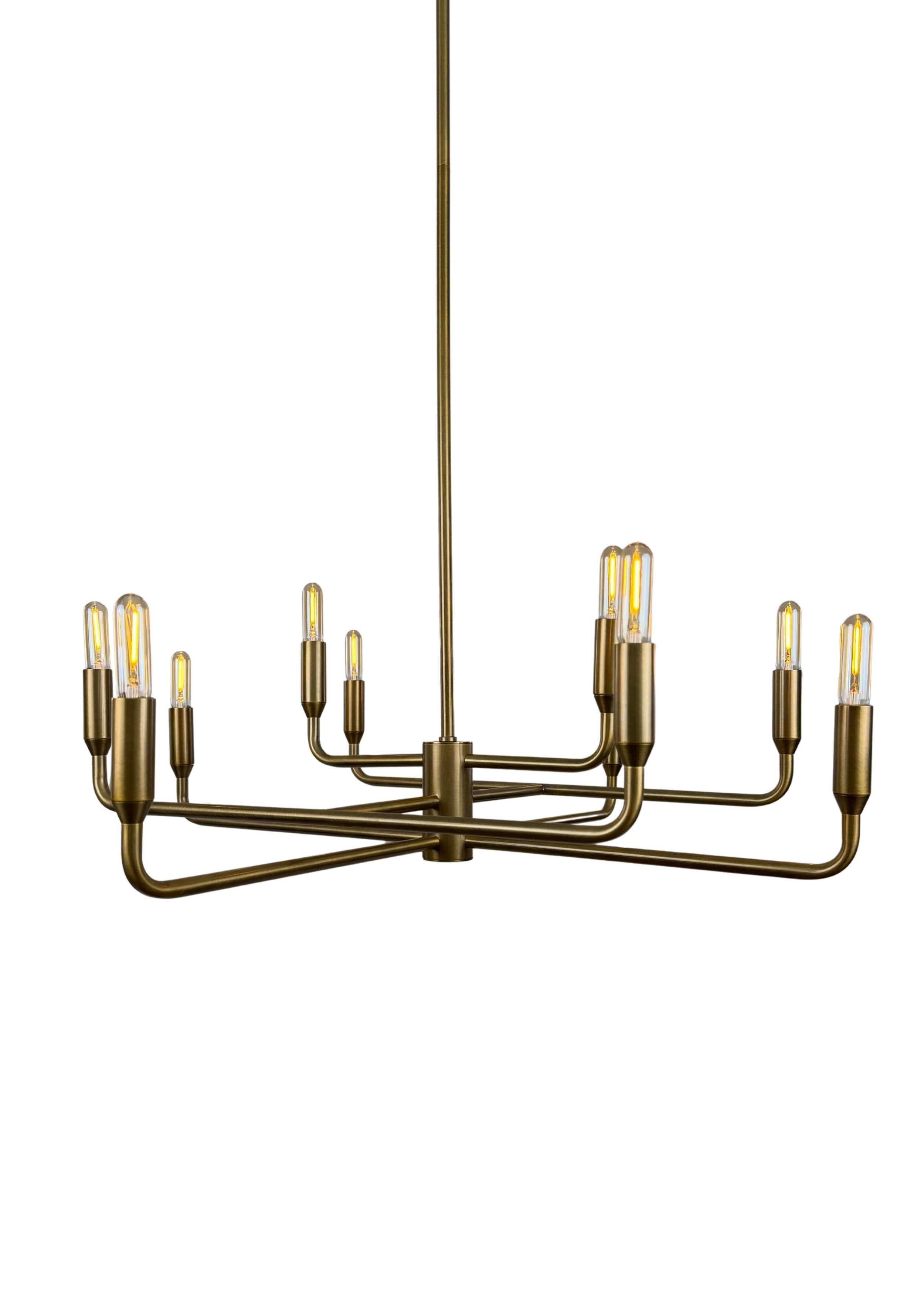 Close-up of Mercer Chandelier aged brass finish and curved steel arms