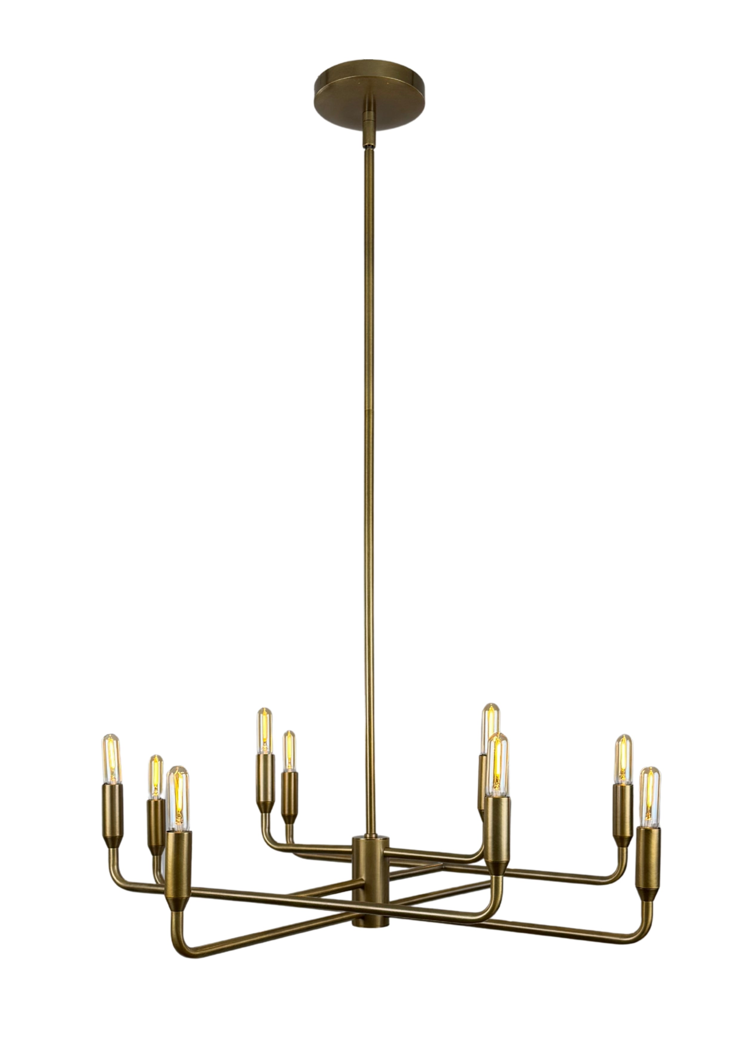 Mercer Chandelier in aged brass with ten gently curved steel arms