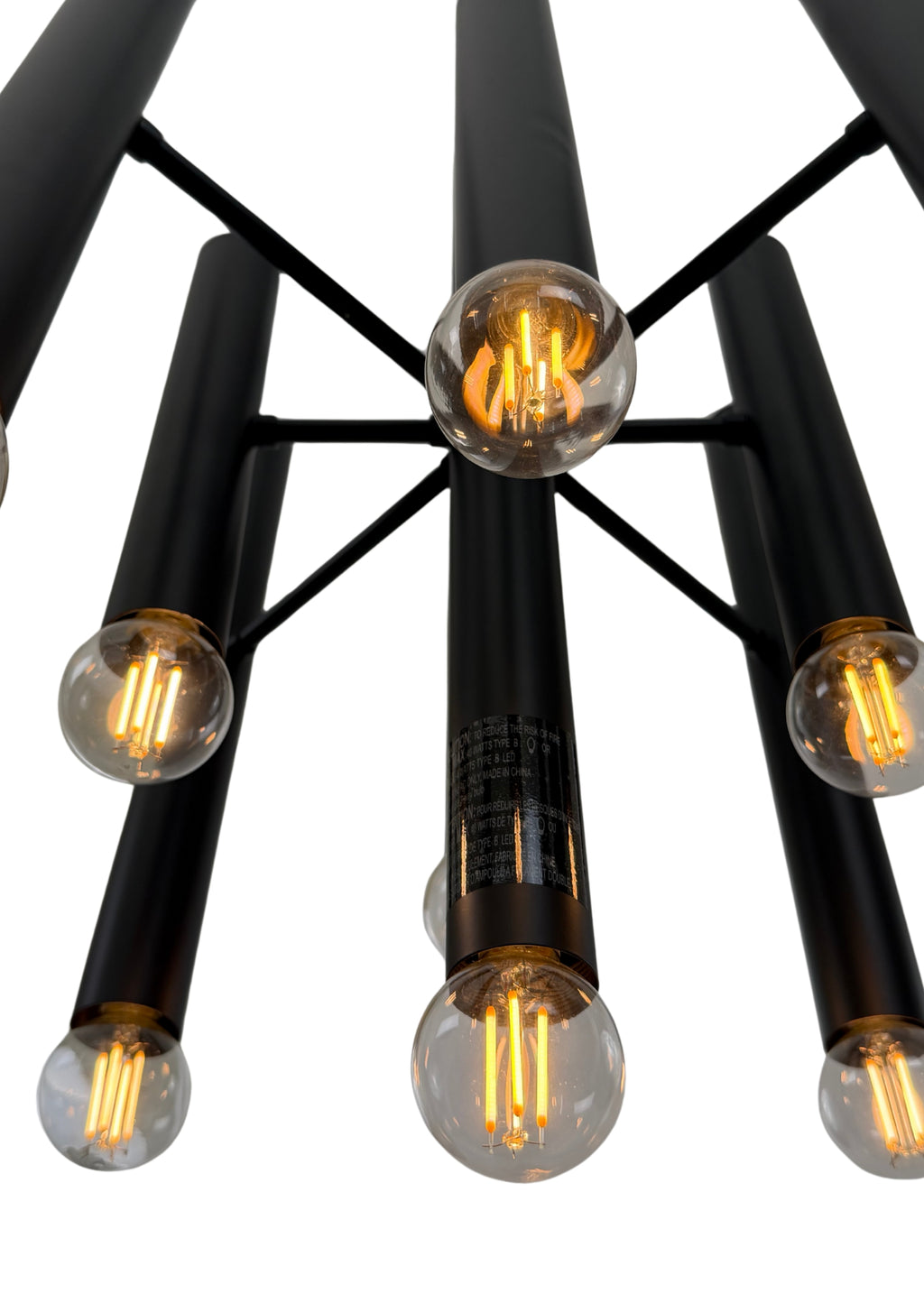 Bottom view of Monolith Chandelier showing nine cylindrical light tubes