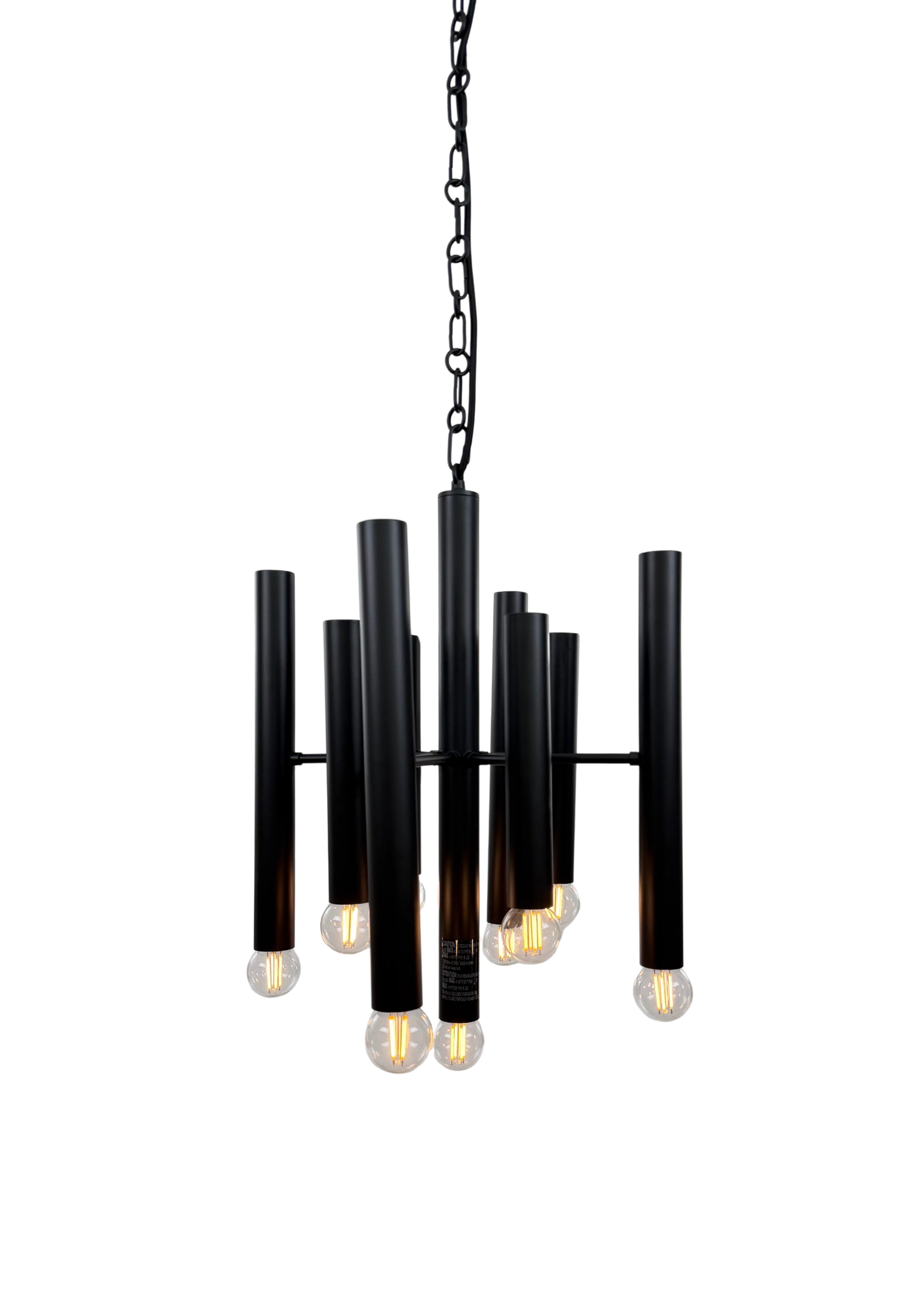 Monolith Chandelier in matte black with nine cylindrical light tubes