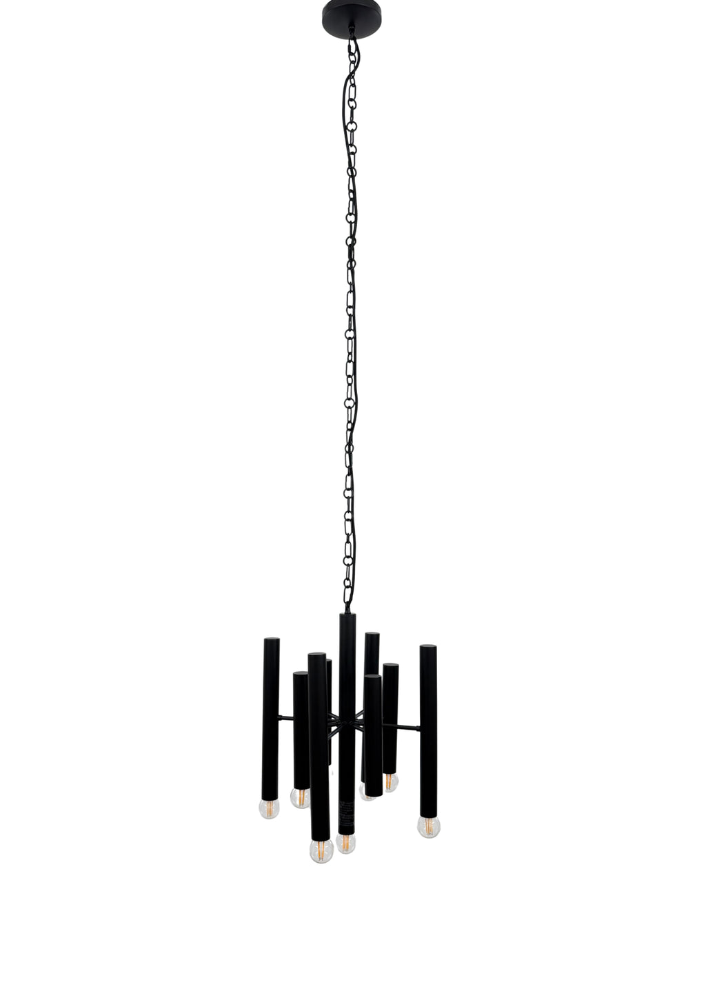 Full view of Monolith Chandelier with chain suspension and nine-light design