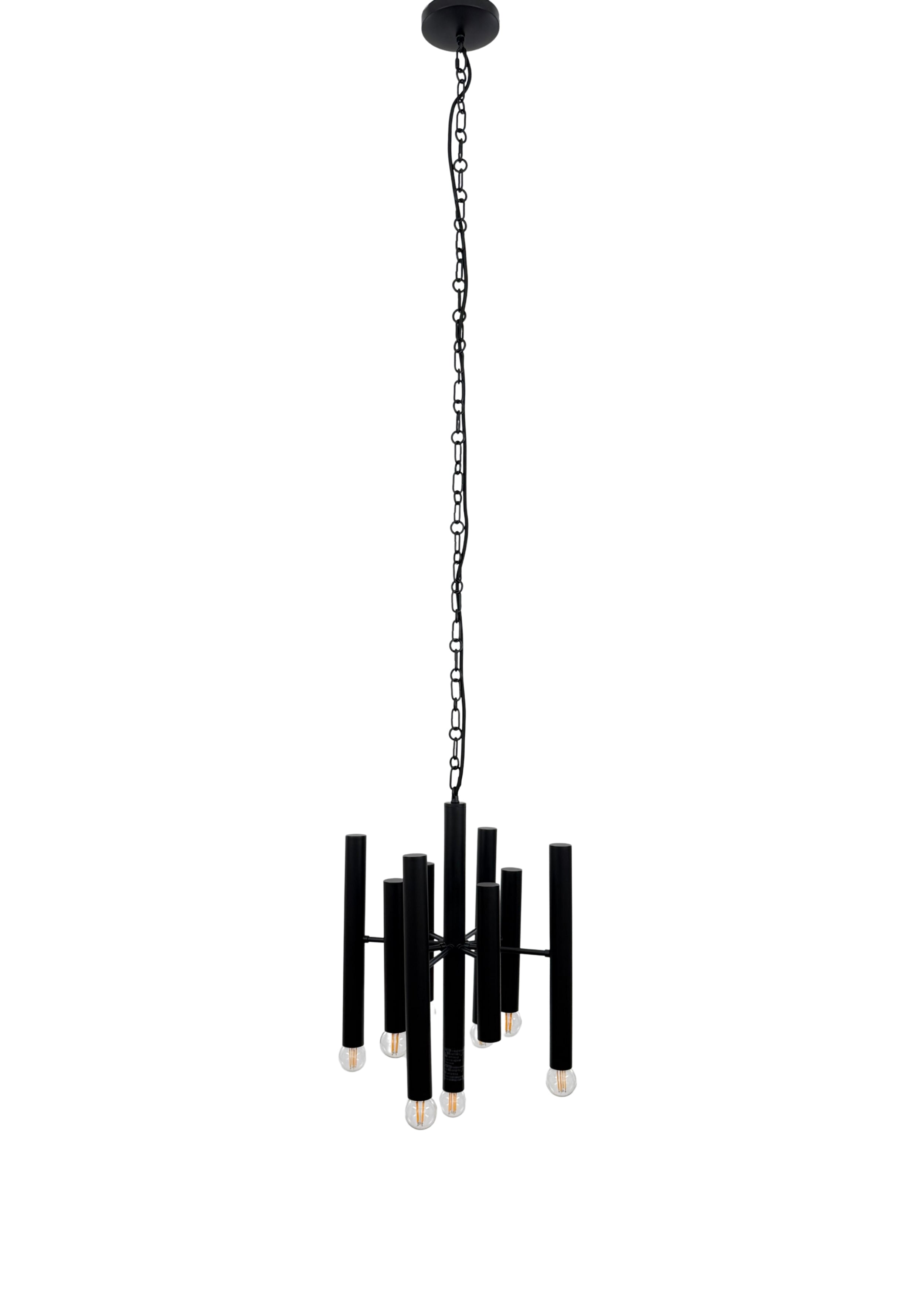 Full view of Monolith Chandelier with chain suspension and nine-light design