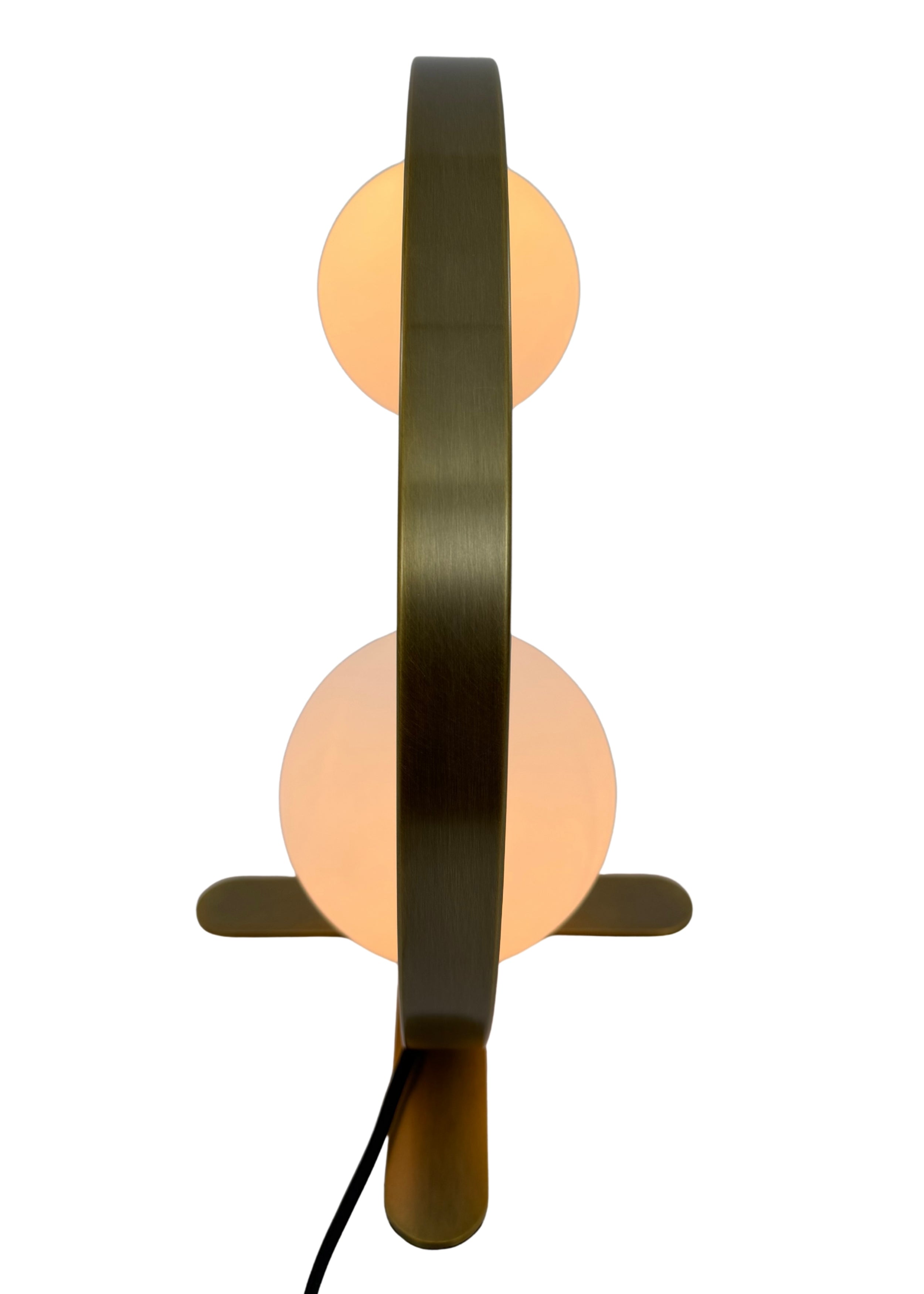 Back view of Orbit Table Lamp with circular brass frame and glass globes