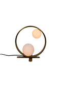 Orbit Table Lamp in aged brass with two frosted glass globes