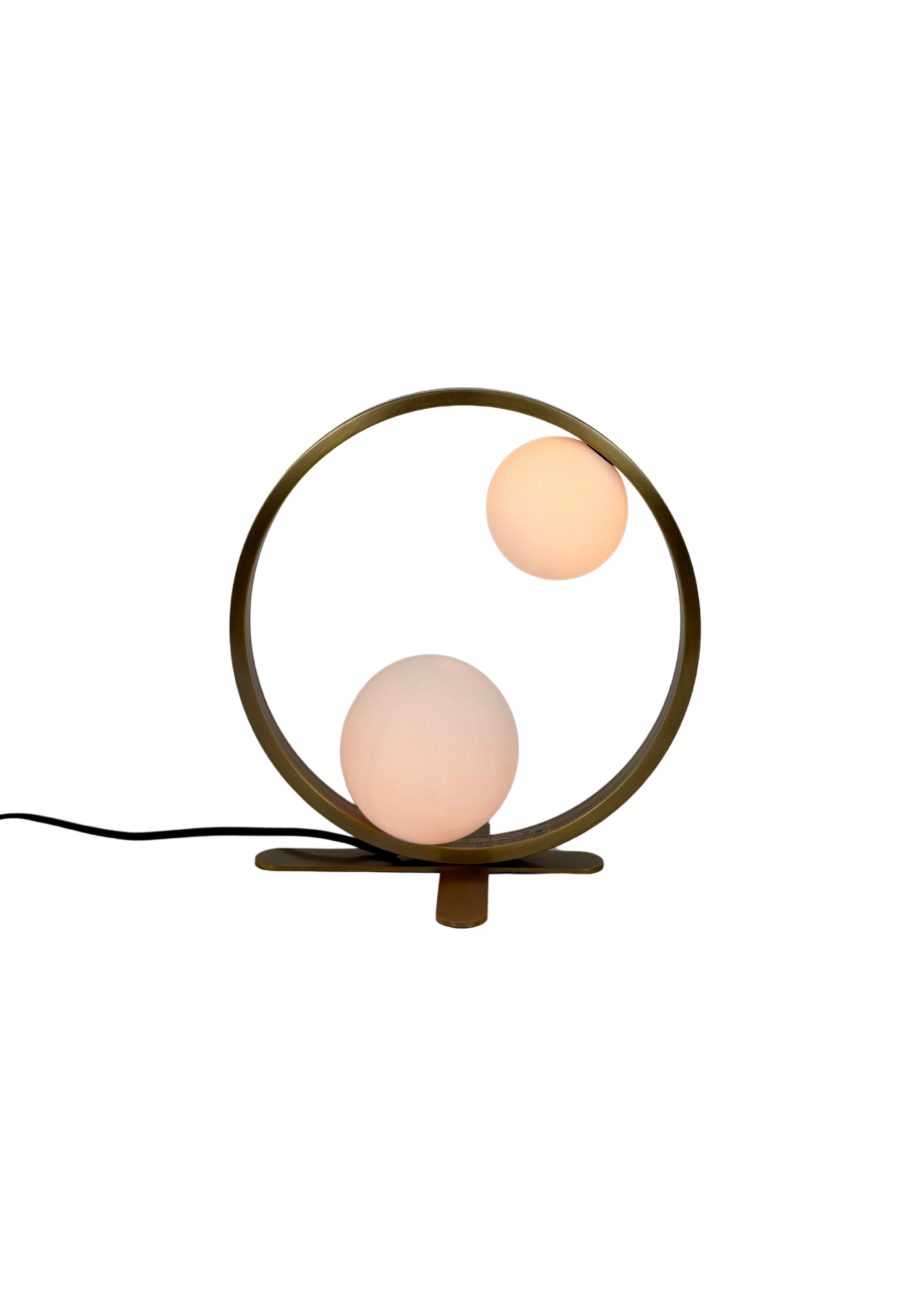 Orbit Table Lamp in aged brass with two frosted glass globes