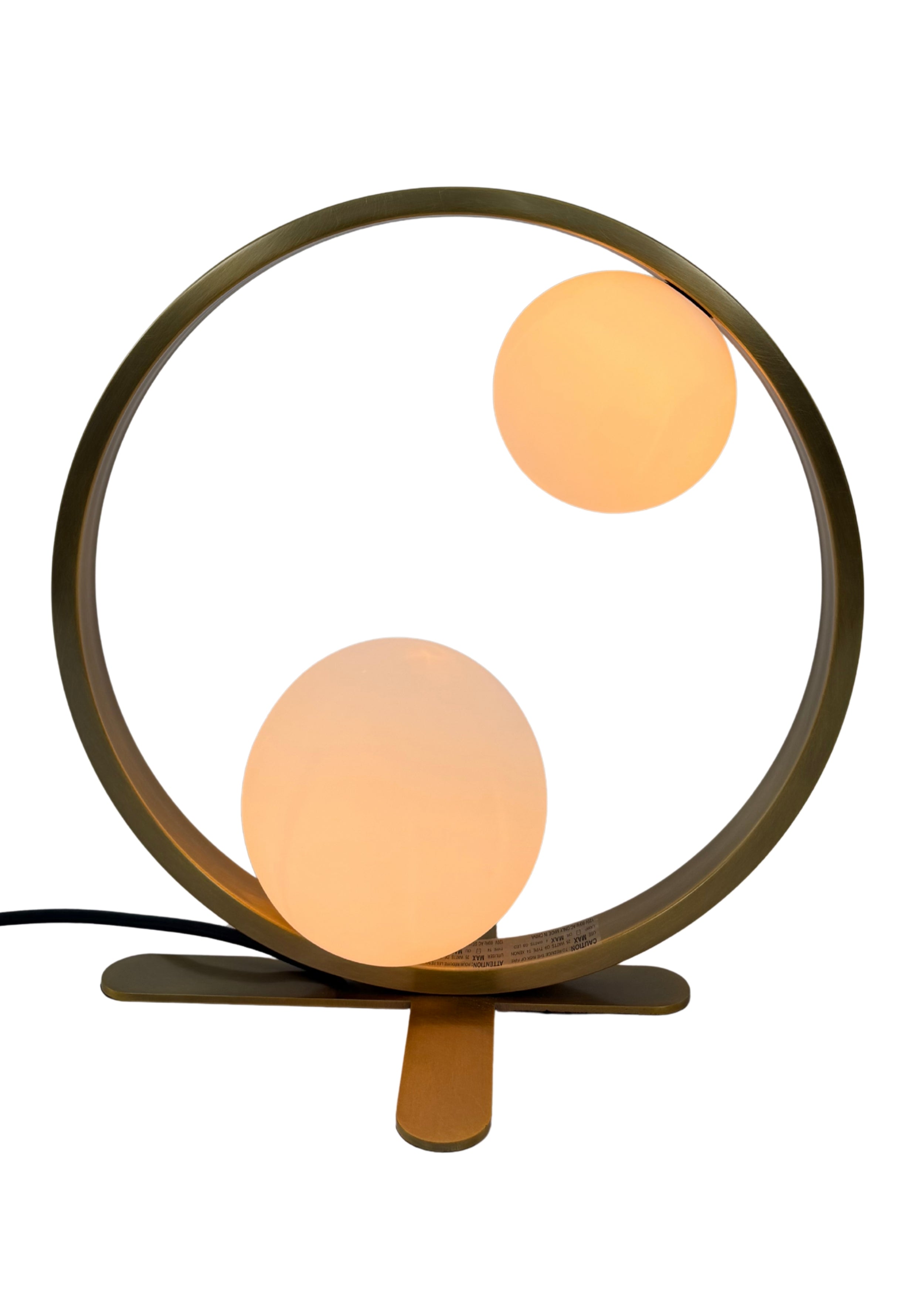 Orbit Table Lamp in aged brass with two frosted glass globes