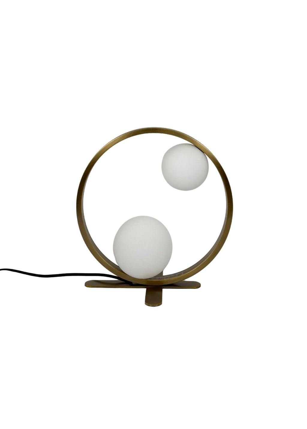 Orbit Table Lamp in aged brass with two frosted glass globes