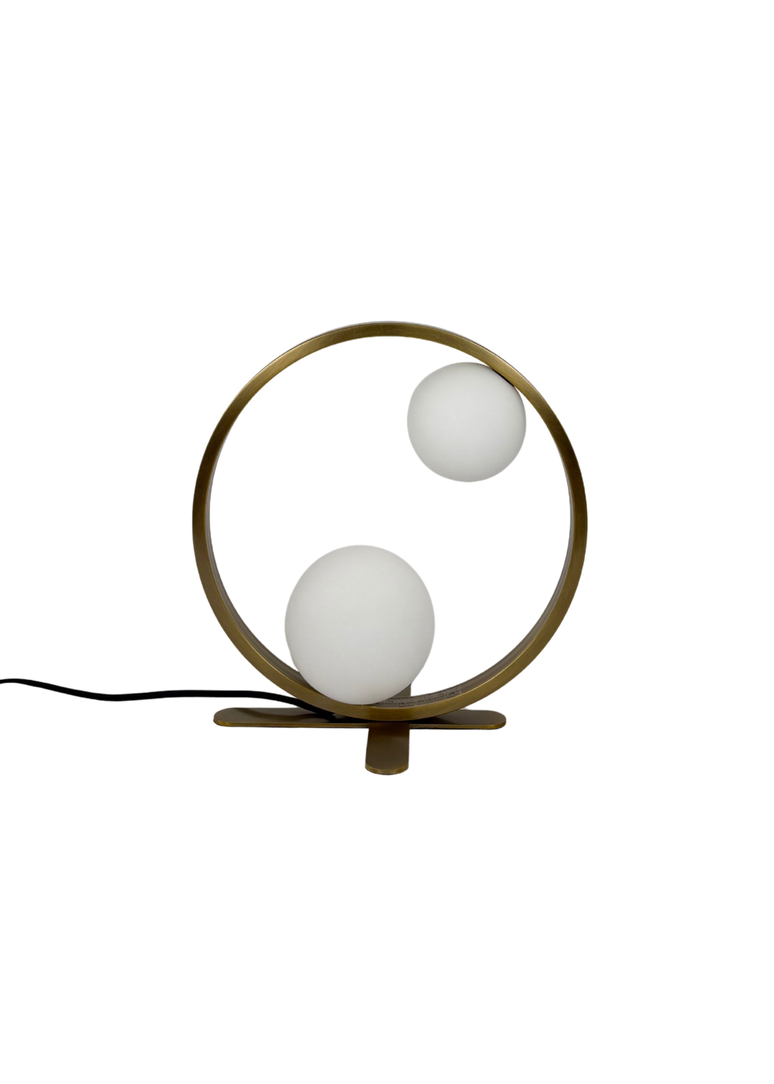 Orbit Table Lamp in aged brass with two frosted glass globes