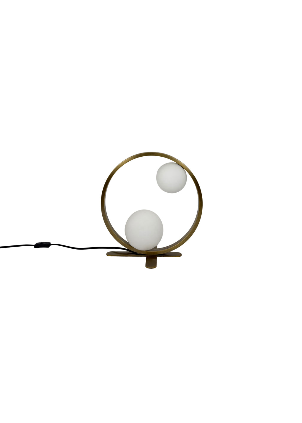 Orbit Table Lamp in aged brass with two frosted glass globes