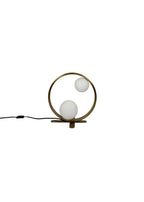Orbit Table Lamp in aged brass with two frosted glass globes