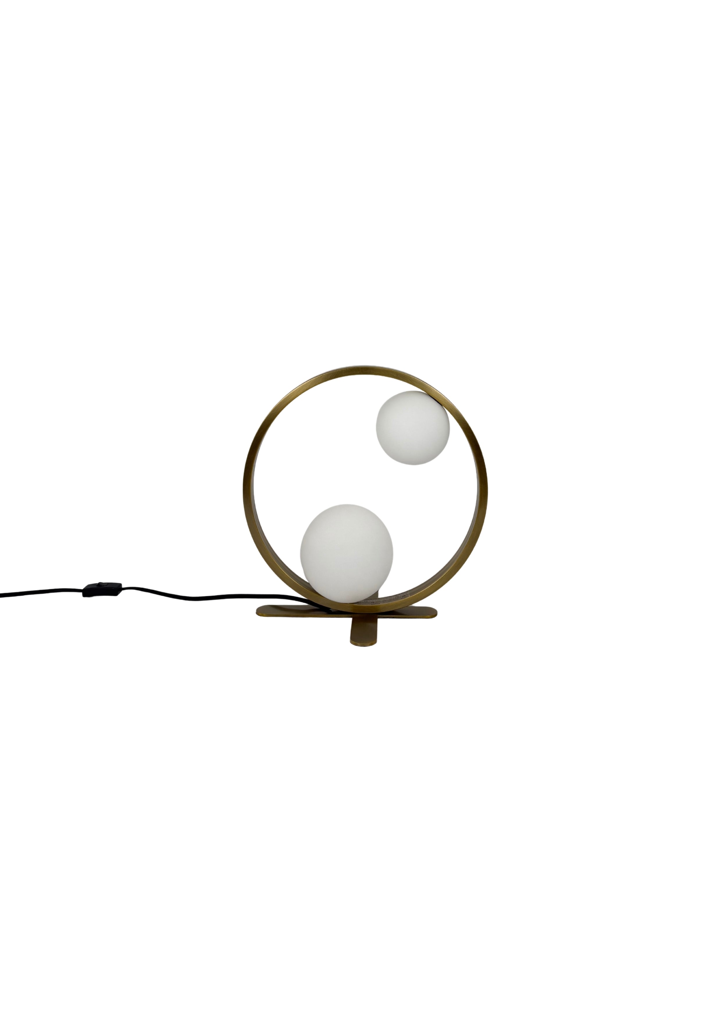 Orbit Table Lamp in aged brass with two frosted glass globes