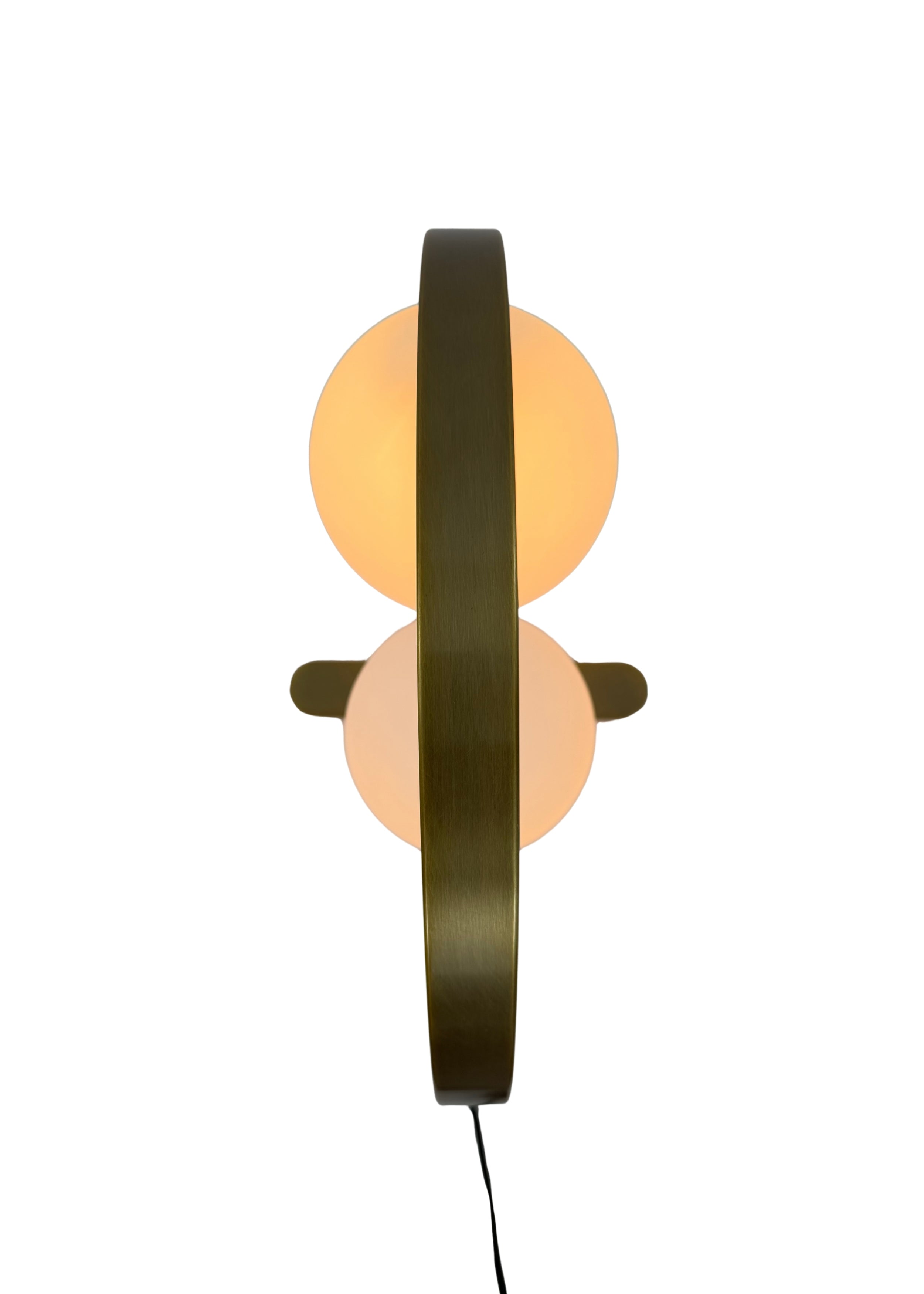 Top view of Orbit Table Lamp with circular brass frame and glass globes