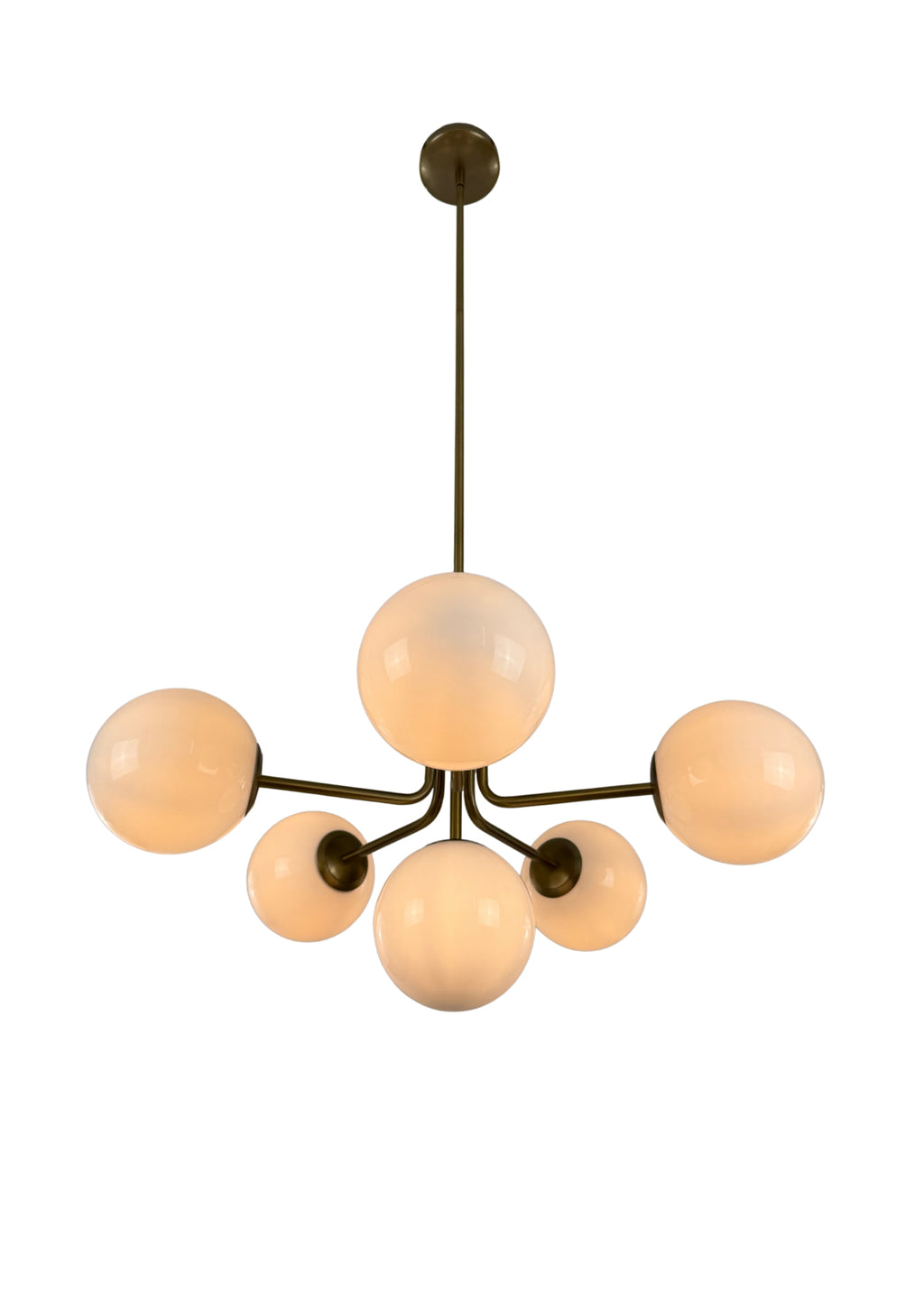 Bottom view of Orion Chandelier showing six milk glass shades