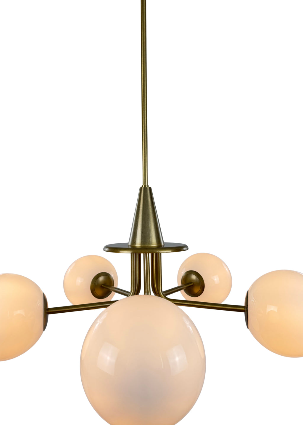 Close-up of Orion Chandelier aged brass frame and milk glass shade