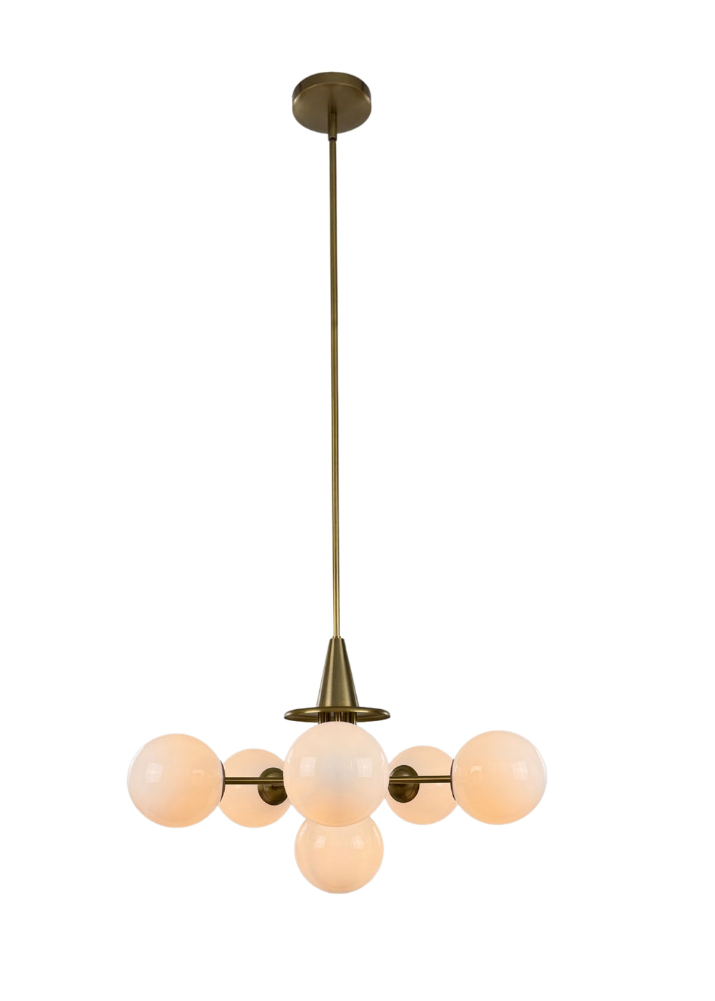 Orion Chandelier in aged brass with six milk glass shades
