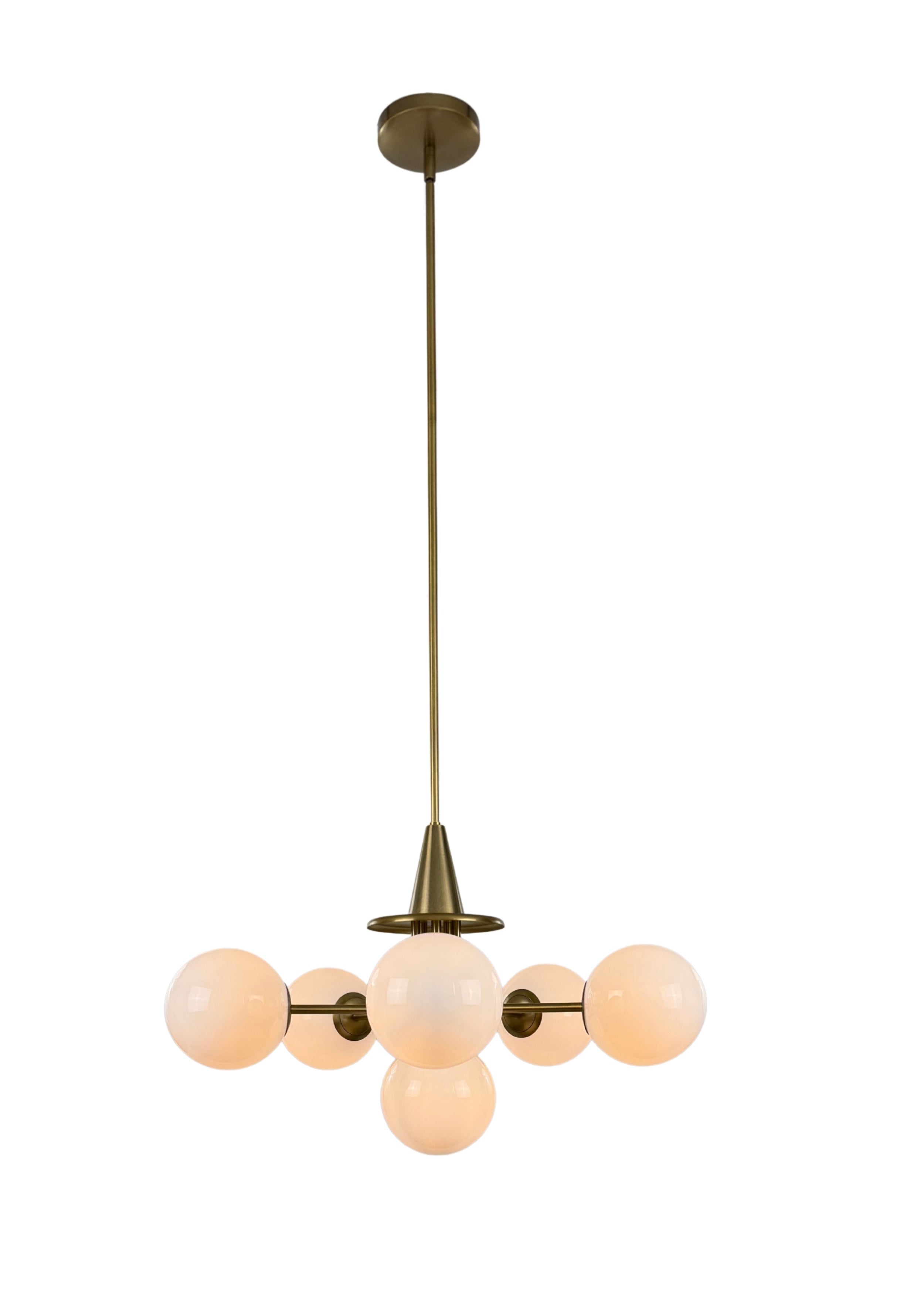 Orion Chandelier in aged brass with six milk glass shades