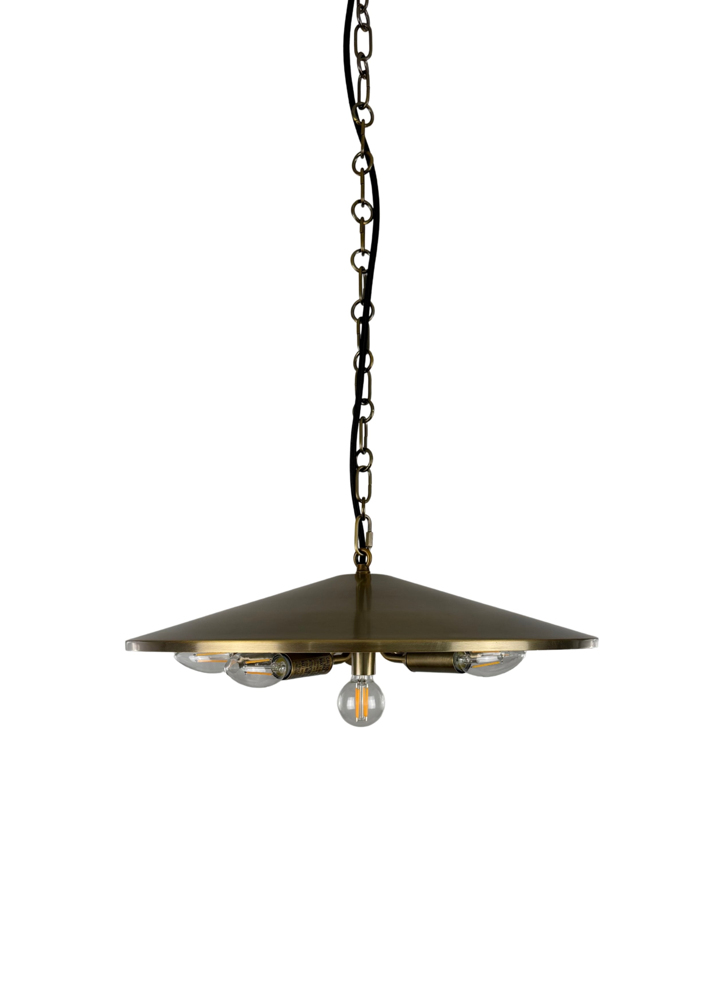 Pavilion Pendant in aged brass with wide shallow steel shade and six lights