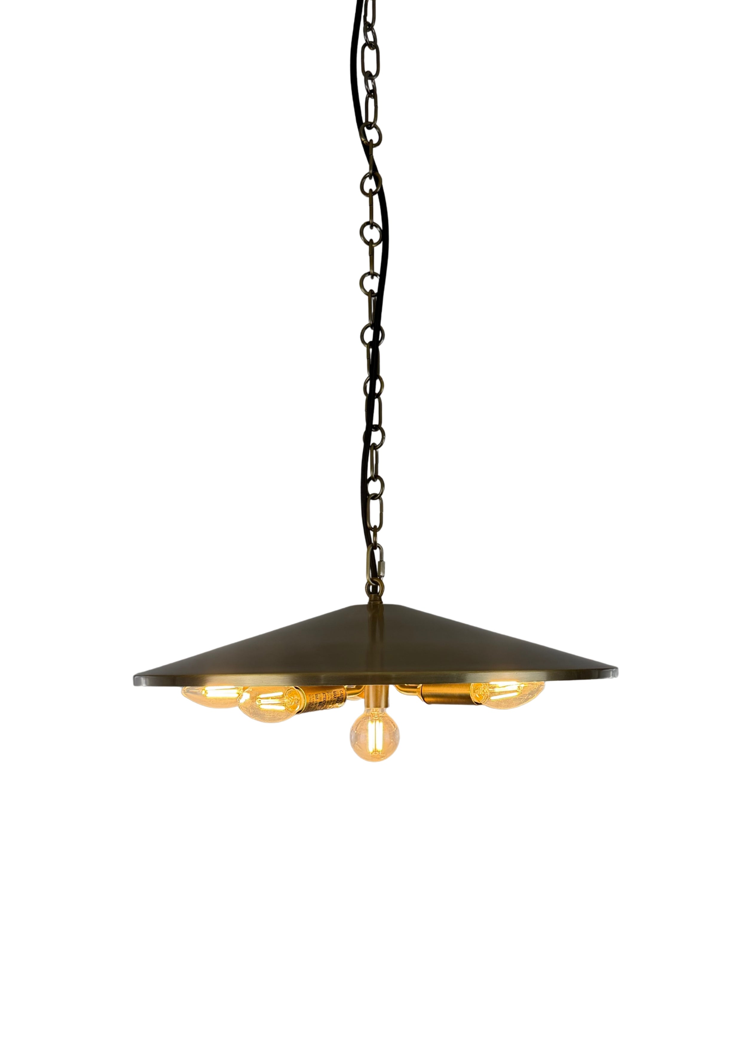 Pavilion Pendant in aged brass with wide shallow steel shade and six lights