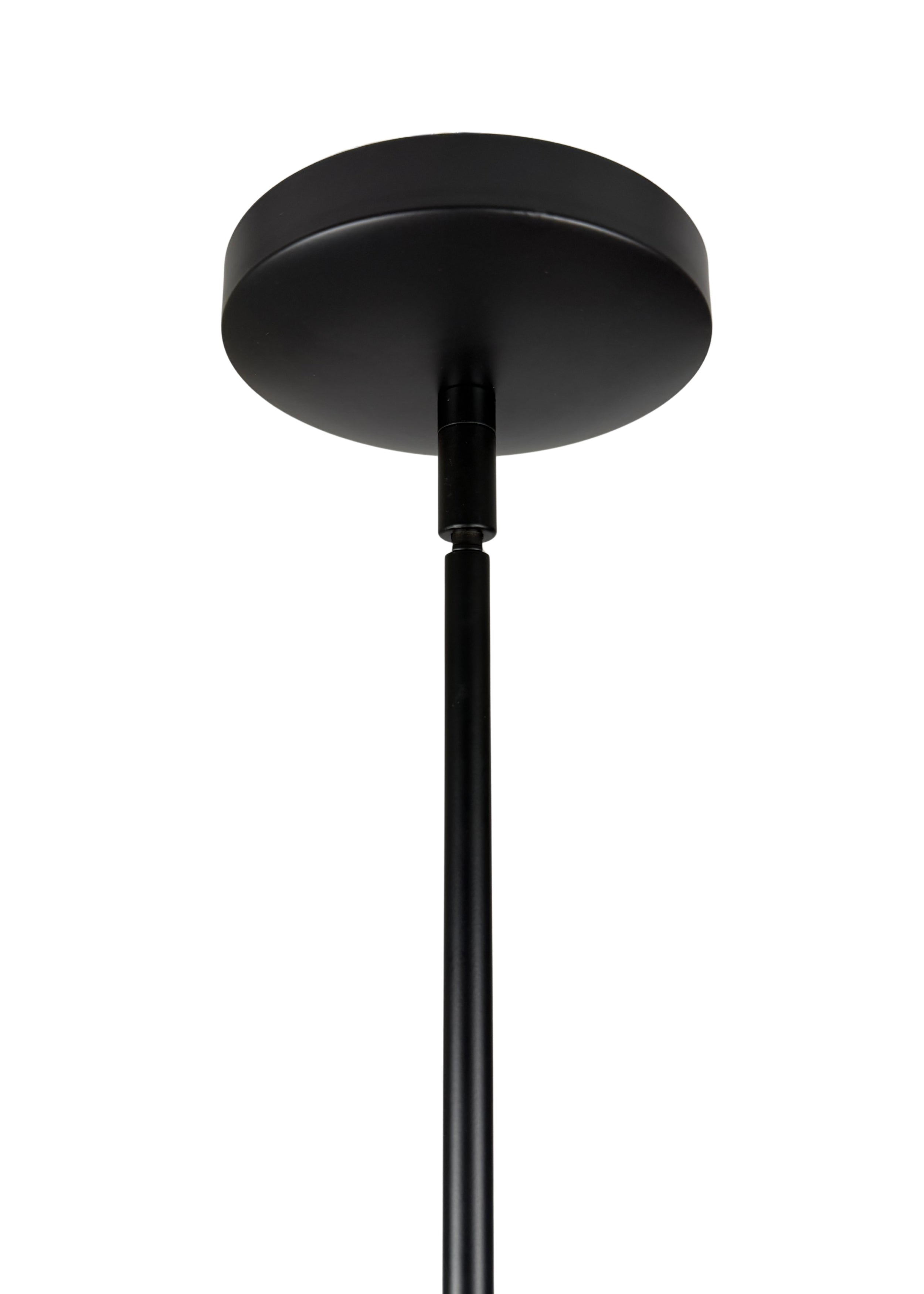 Close-up of Willow Linear Chandelier matte black steel canopy and pole