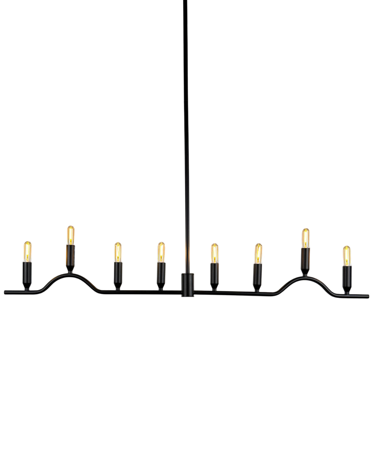 Close-up of Willow Linear Chandelier matte black steel frame and exposed lights