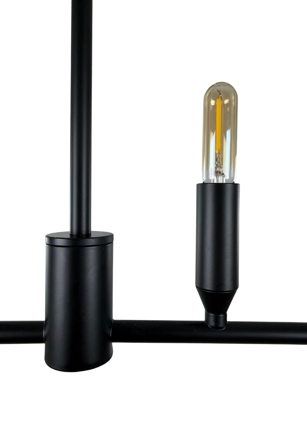 Close-up of Willow Linear Chandelier matte black steel frame and exposed lights