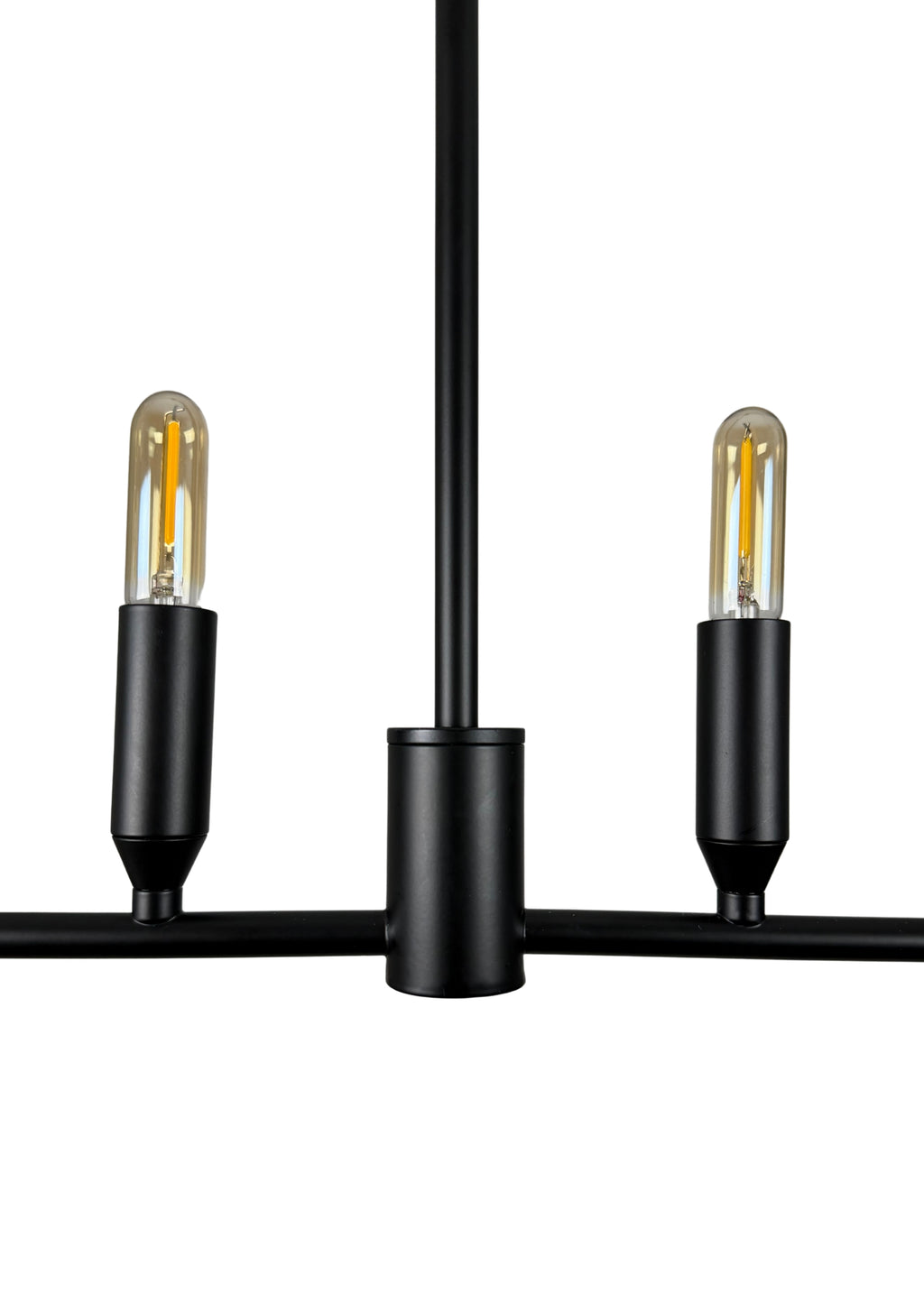 Close-up of Willow Linear Chandelier matte black steel frame and exposed lights