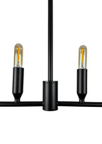 Close-up of Willow Linear Chandelier matte black steel frame and exposed lights