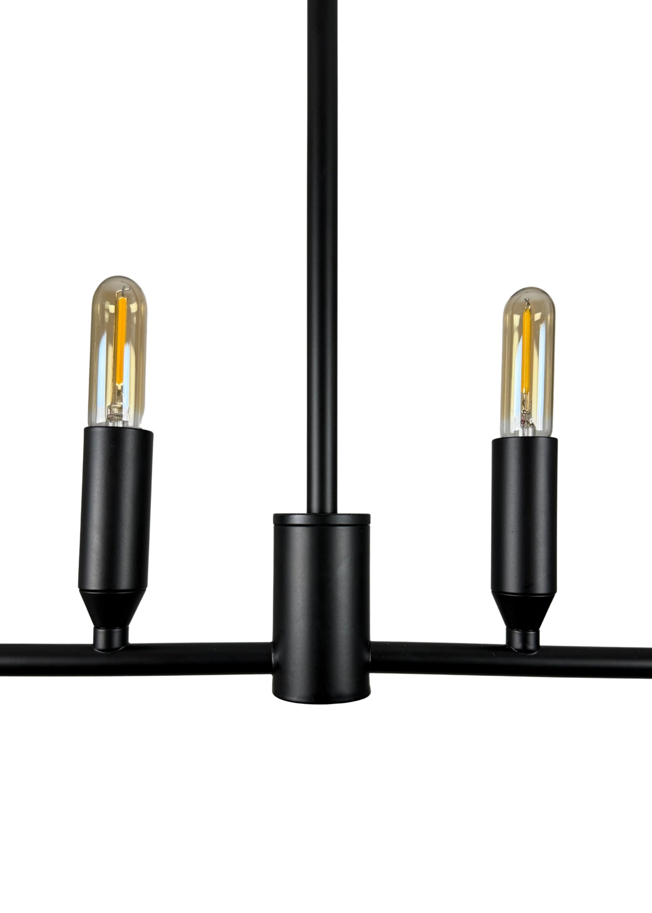 Close-up of Willow Linear Chandelier matte black steel frame and exposed lights