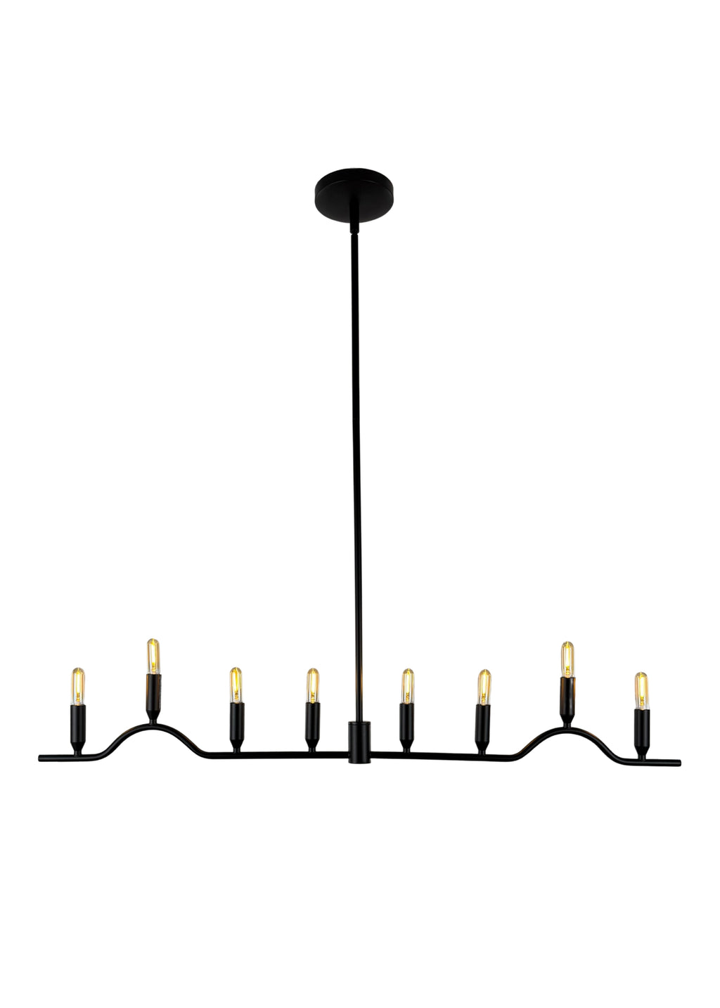 Willow Linear Chandelier in matte black steel with eight exposed lights